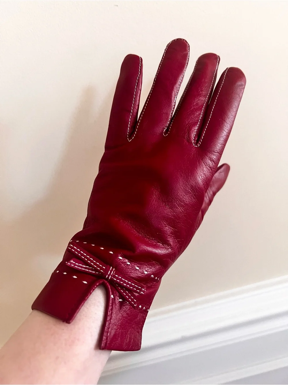 Dark Red Soft Leather Gloves with Bow Accent